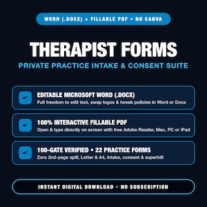 Therapist Forms Bundle, Private Practice Intake, SOAP Notes, Superbill, Mental Health Counseling, Word DOCX & Fillable PDF (22 Docs)