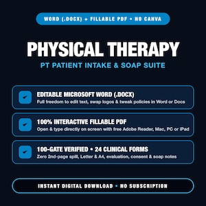 Physical Therapy Forms Bundle, PT Intake, Soap Notes, Anatomy Chart, Dry Needling Release, Word DOCX & Fillable PDF (24 Docs)