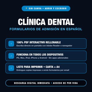 Formularios Dentales para Pacientes en Español, PDF Rellenable Admision Consentimiento Tratamiento Consultorio (24 Documentos)