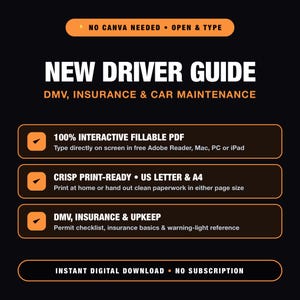 Op de afbeelding: Een digitaal handboek voor nieuwe bestuurders op een zwarte achtergrond met oranje accenten. De tekst bevat: NO CANVA NEEDED, NEW DRIVER GUIDE, DMV, INSURANCE & CAR MAINTENANCE, 100% INTERACTIVE FILLABLE PDF, CRISP PRINT-READY, US LETTER & A4.