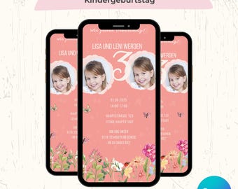 Op de afbeelding: Drie smartphones tonen een roze digitale uitnodiging voor een verjaardagsfeestje. De uitnodiging bevat een foto van een jong meisje, evenementdetails en bloemenillustraties. De tekst luidt "Digitale Einladung zum Kindergeburtstag".