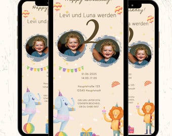 Op de afbeelding: Een digitale uitnodiging voor een verjaardagsfeest met een circus thema. De uitnodiging toont twee olifanten die balanceren op ballen, een leeuw die een cupcake vasthoudt en een kleurrijk spandoek met de tekst "Happy Birthday!" Levi en Luna worden op 1 juni 2025 twee jaar oud, van 14:00 tot 17:00 uur. Het feest vindt plaats in de Hauptstraße 123, 12345 Hauptstadt. De uitnodiging bevat ook een telefoonnummer om je aan te melden.