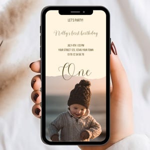 Invitation Canva modifiable pour 1er anniversaire, modèle numérique pour fête d'anniversaire pour enfants, carte électronique WhatsApp personnalisée, photo imprimable, pour tout âge