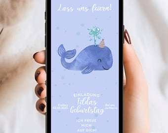 Canva template for children's birthday party invitations, digital DIY, girls' and boys' birthday invitations, photo, WhatsApp eCard for printing, blue whale