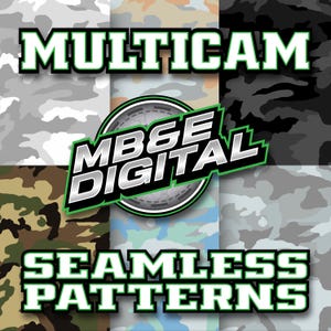 May include: A collage of different camouflage patterns, including green, brown, black, white, and blue. The patterns are seamless and are labelled "MULTICAM" and "MB&E DIGITAL" with the text "SEAMLESS PATTERNS" at the bottom.