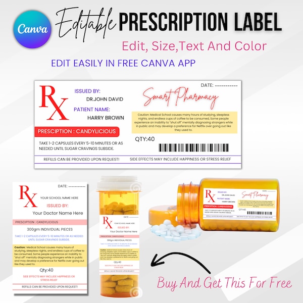 Prescription Label Template | Editable Pharmacy Label | Custom Prescription Label | Pill Bottle Label | Printable Medicine Label