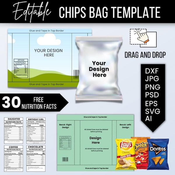 Editable Chip Bag Template | Chip Bag Wrapper | Blank Chip Bag | Custom Chip Bag | Party Chip Bag | Chip Bag Editable | Cricut Svg Template