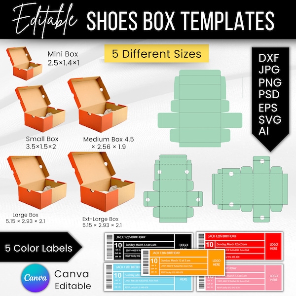 Shoe Box Template Bundle | Shoe Box Label SVG | Sneaker Box Template | Box Template SVG | In 5 Different Sizes | Canva Editable