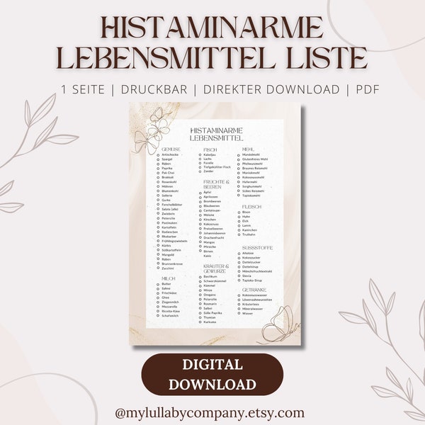 Liste histaminarmer Lebensmittel | Einkaufsliste | Histaminarme Diät | Liste PDF | Druckbare Lebensmittel-Liste | Histamin-Tracker