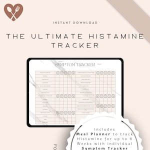 May include: A digital printable tracker for managing histamine intolerance. The tracker includes a symptom tracker, meal planner, high and low histamine food list, grocery list, and free notes. The tracker is designed for a happy tummy and a happy life.