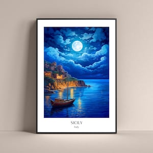 Sicily Poster Italy Lifestyle Poster Night Sicily Gift Poster Sizilien Travel Print Sicily Print Modern Decor Sicily Wall Art Sea Village