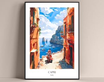 Póster de Capri, póster de estilo de vida de Italia, póster de Campania, póster de Italia, póster de viajes de Italia, póster romántico de Italia, impresión de Vespa, póster de Nápoles, impresión de Nápoles