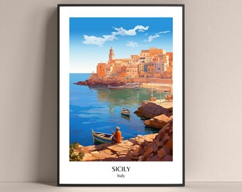 Póster de Sicilia, póster de estilo de vida italiano, póster de regalo de pescador, impresión de viaje a Sicilia, impresión de Sicilia, decoración moderna, arte de Sicilia, póster satinado Sici Sizi