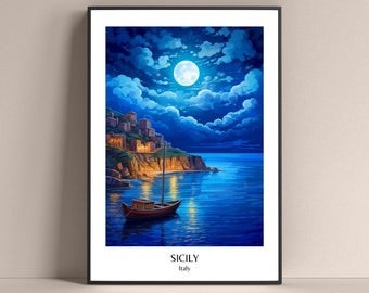Póster de Sicilia, póster de estilo de vida italiano, póster de regalo de Sicilia nocturna, impresión de viaje a Sicilia, impresión de Sicilia, decoración moderna, arte de pared de Sicilia, pueblo marino