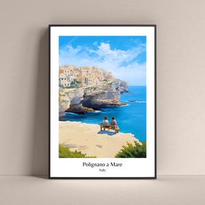 Póster de Polignano a Mare, estilo de vida italiano, póster de Apulia, Italia, póster de viaje, póster de viaje de Polignano, regalo para pareja, póster de pareja de Italia, regalo para pareja de Italia.