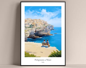 Póster de Polignano a Mare, estilo de vida italiano, póster de Apulia, Italia, póster de viaje, póster de viaje de Polignano, regalo para pareja, póster de pareja de Italia, regalo para pareja de Italia.