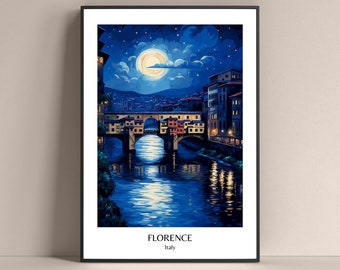 Póster de Florencia, póster de estilo de vida italiano, póster de Toscana, póster de Ponte Vecchio de Florencia, impresión de viajes por Italia, póster de Florencia, póster de noche de luna.