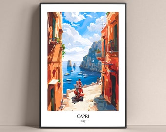 Póster de Capri, póster de estilo de vida de Italia, póster de Campania, póster de viajes de Italia, póster romántico de Italia, impresión de Vespa, póster de Nápoles, estampa de Nápoles