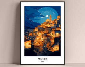 Matera Cartel Noche Cartel Matera Sassi Viaje Impresión Matera Impresión Sassi Matera Italia Cartel Italia Imprimir Regalo Italia Imprimir Stampe Italia
