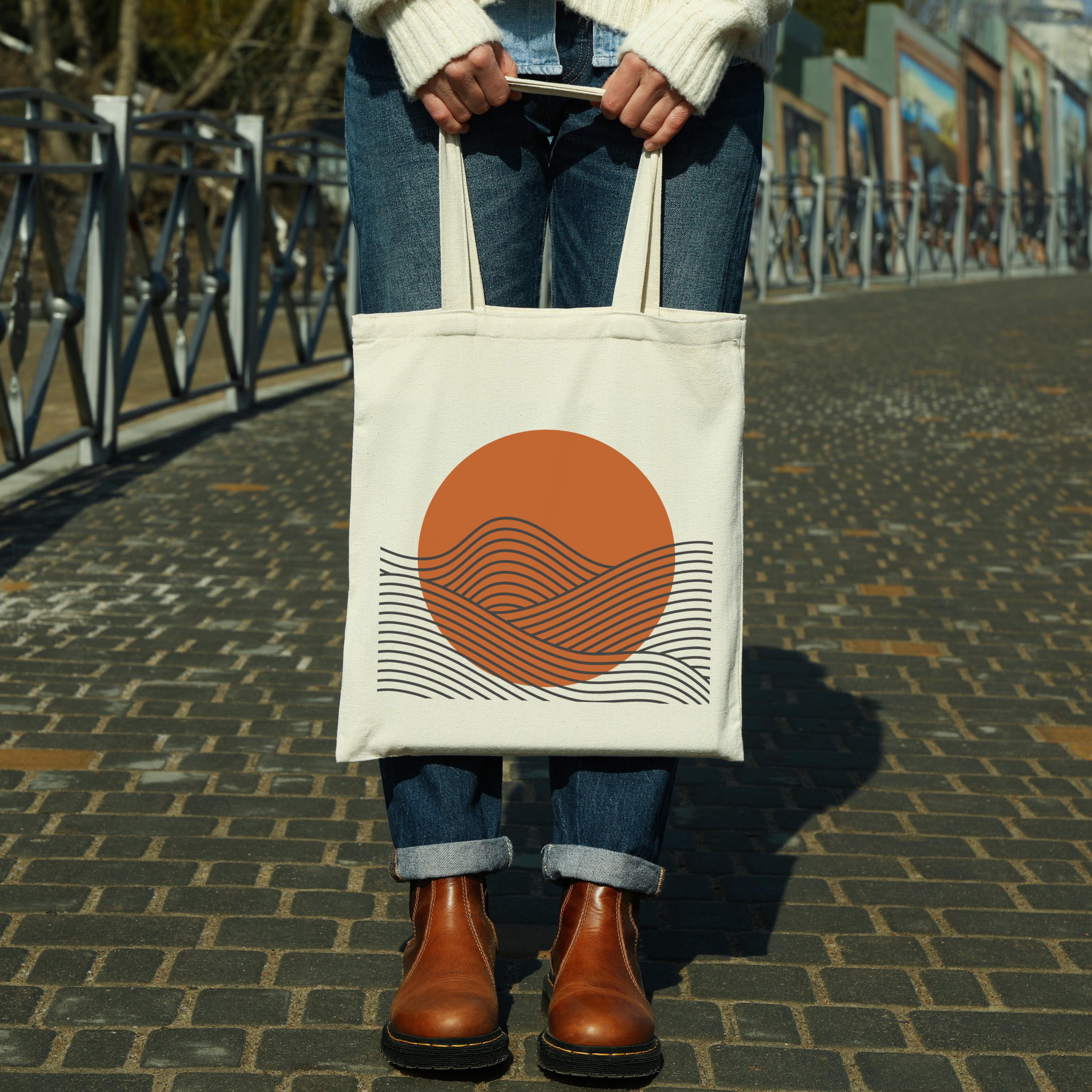 Boho Tote Bag For Women - Abstract Sun & Wave Design Canvas Shopping Bag (White)