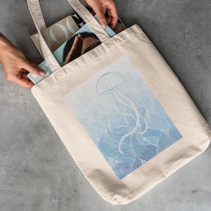 Jellyfish Cotton Canvas Tote Bag, Under the Ocean Inspired Art, Wave Tote Bag, Nautical Shoulder Bag, Pastel Aesthetic Minimal Drawing Tote