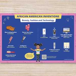 May include: A colorful poster with a pink background and blue text. The poster features a cartoon girl and a list of African American inventions in the fields of beauty, fashion, and technology. The inventions include the shoe lasting machine, thermo hair curlers, hot comb, curling iron, modern hair brush, GPS, VoIP, color IBM PC monitor and gigahertz chip, TV remote control, and Giphy.