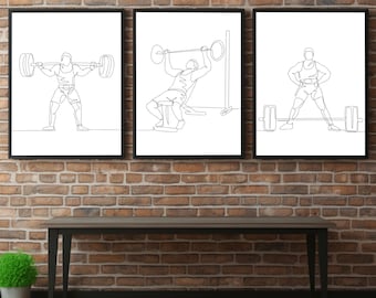 Láminas artísticas de gimnasio: sentadillas, press de banca y peso muerto (descarga digital)
