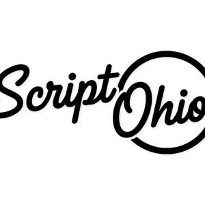 May include: Black script text that reads "Script Ohio" with the word "Ohio" inside a black circle. The text is in a cursive font. The background is white.