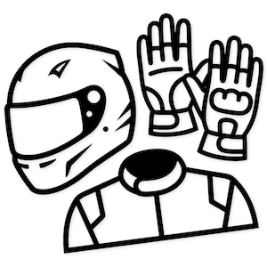 Puede incluir: Ilustración en blanco y negro de equipamiento de carreras: casco, guantes y mono de carreras. El casco tiene una visera y un diseño aerodinámico. Los guantes muestran protección para los dedos y la palma. El mono tiene un cuello.