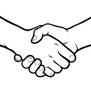 May include: Black and white illustration of two hands clasped in a handshake. The image depicts a simple line drawing, emphasizing the gesture of agreement or partnership. The hands are outlined in bold black lines.