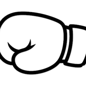 Puede incluir: Ilustración en blanco y negro de un guante de boxeo. El guante es blanco con un grueso contorno negro, y la zona de la muñeca también es negra. La imagen es una representación gráfica simple de un guante de boxeo.