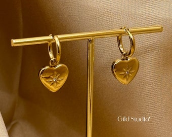 Gold Plated Heart Huggie Hoop Earrings - Gold Heart Hoops Earrings - Celestial Heart Pendant - Cute Gifts for Her