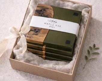 Handmade Olive Wood & Green Resin Coasters | Luxury Modern Drink Coaster Set | Artisan Gift Elevated Home Decor Hostess Gift Semi Transparen