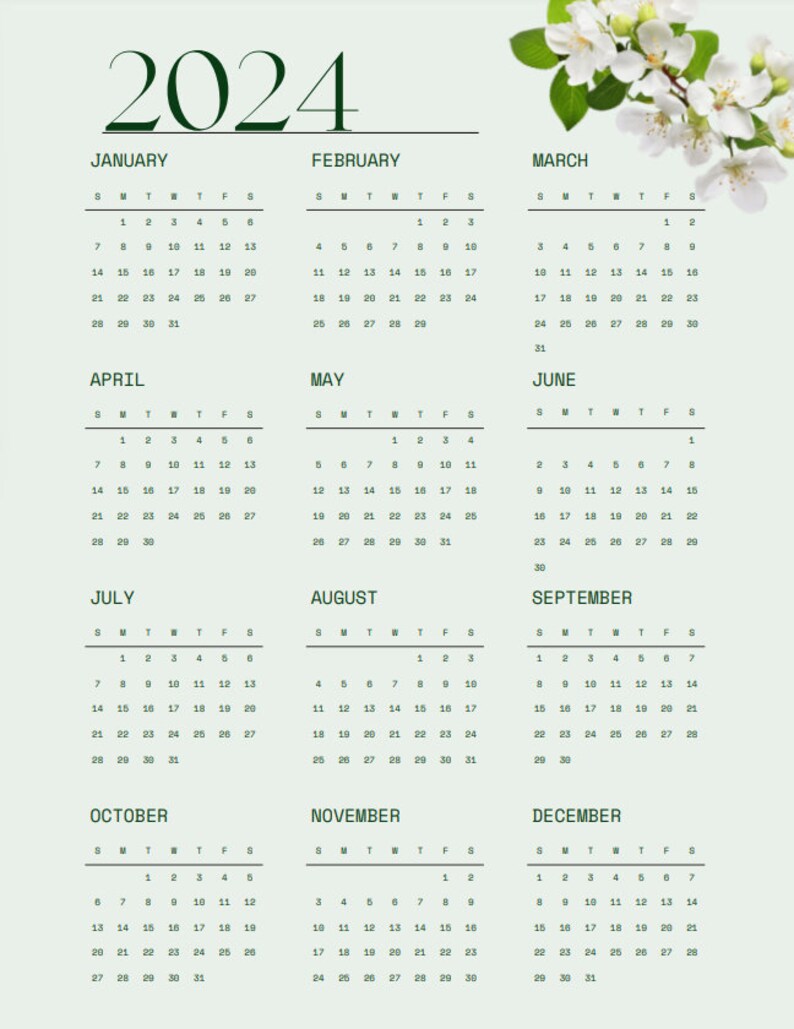 Year Calendar, Digital Instant Download, Printable Planner, Year