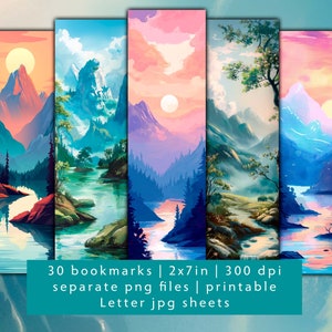 30 vredige landschapsontwerpen, bladwijzerset, afzonderlijke png-bestanden, afdrukbare vriend cadeau bladwijzer jpg-bladen, vreedzame landschapskaarten