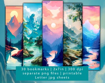 30 peaceful landscape designs, bookmark set, separate PNG files, printable friend gift bookmark JPG sheets, peaceful landscape cards