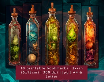 10 Witch's Potion Printable Bookmark Designs, JPG pages ready to print, digital download poison bottle bookmark set
