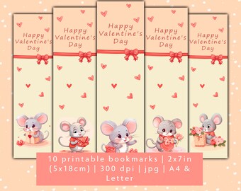 10 cute mice bookmark designs, Valentine's Day bookmarks, digital download bookmark set JPG, printable friend gift bookmark sheets
