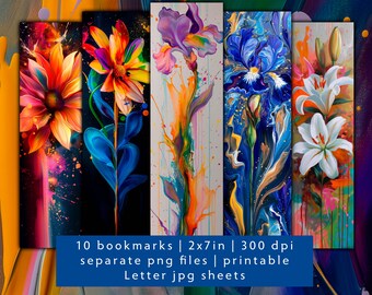 10 paint splash flower bookmark designs, bookmark set JPG, printable friend gift bookmark sheets, beautiful bookmarks, bookstore bookmarks