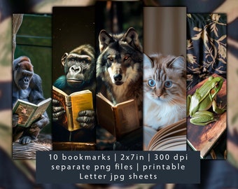 Cute Animals Reading Bookmark Set, Printable Book Lover Gift (JPG, PNG)