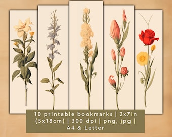 10 Vintage Flower bookmark designs, digital download bookmark PNG JPG, botanical printable bookmark set