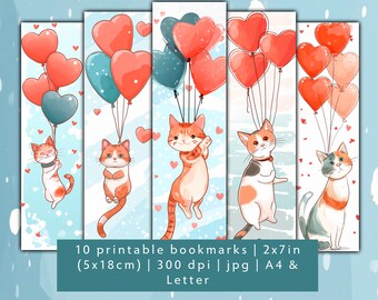 10 cute watercolor cats bookmark designs, Valentine's Day bookmarks, bookmark set JPG, printable friend gift bookmark sheets