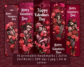 10 Santa Muerte Valentine's Day bookmark designs, digital download horror bookmark JPG, unique and creepy printable bookmark set