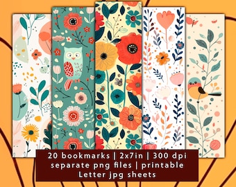 Cute Nature Pattern Bookmark Set, Printable Book Lover Gift (JPG, PNG)
