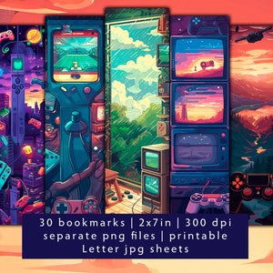 Pode incluir: Um conjunto de 30 marcadores digitais com temas de jogos retro. Cada marcador mede 5x18 cm e 300 dpi. Os marcadores estão disponíveis como arquivos PNG separados e folhas JPG imprimíveis em tamanho A4.