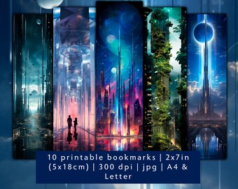 10 futuristic cities bookmark designs, digital download bookmark JPG, neon town printable bookmark set