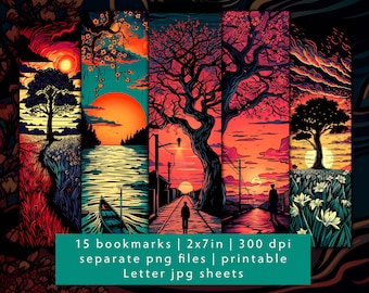 15 spring evening bookmark designs, bookmark set PNG, printable friend gift bookmark sheets, beautiful landscape, bookstore bookmarks