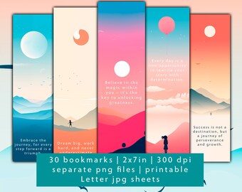 30 motivational quotes bookmark designs, bookmark set, separate PNG files, printable friend gift bookmark JPG sheets, for teacher
