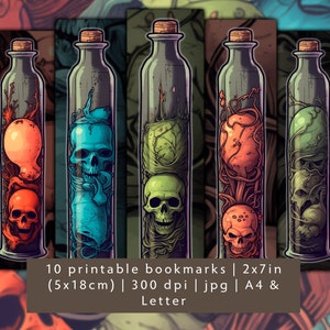 Set of 10 Printable skull bottle bookmarks for digital download, JPG bookmarks to print and cut, download printable dark bookmark designs