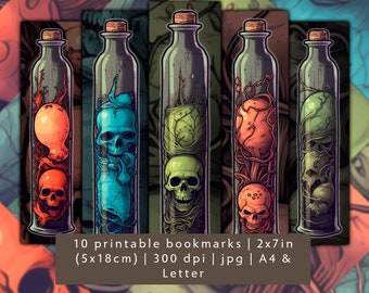 Set of 10 Printable skull bottle bookmarks for digital download, JPG bookmarks to print and cut, download printable dark bookmark designs